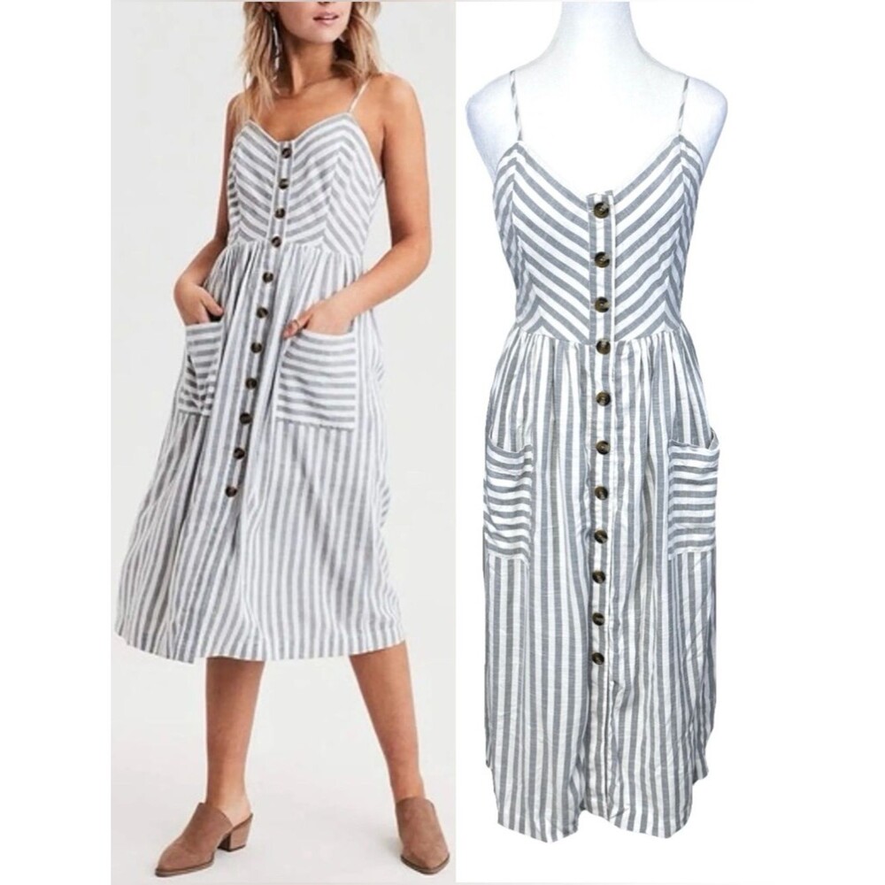 American Eagle White Gray Striped Button Front Dress Medium Festival Summer